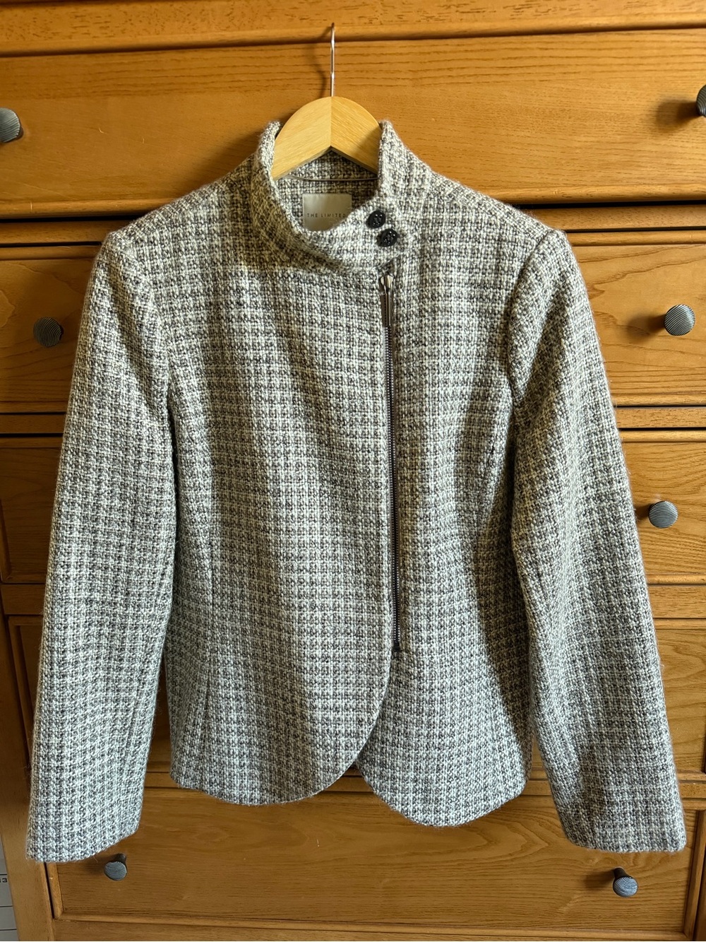 The Limited Scandal Collection Asymmetrical Wool Blend Tweed Jacket Size L Taupe